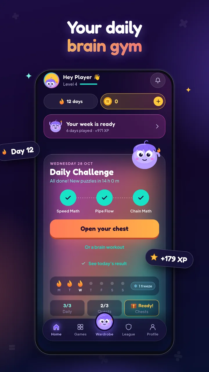 Mathlo home: a 12-day streak, level 4 and today's Daily Challenge with three rounds done