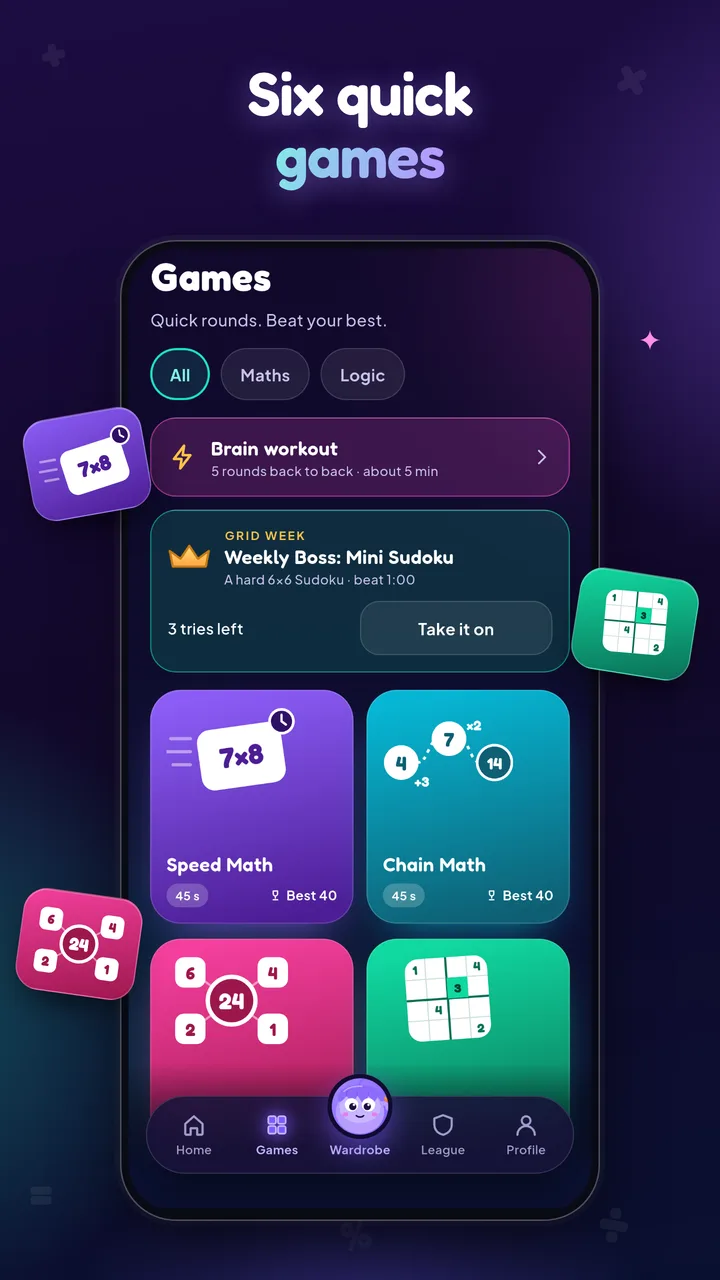 The Games tab with Speed Math, Chain Math, Target 24 and Mini Sudoku