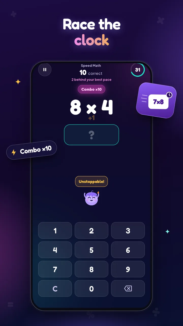 Speed Math mid-round with a timer ring, combo counter and number keypad
