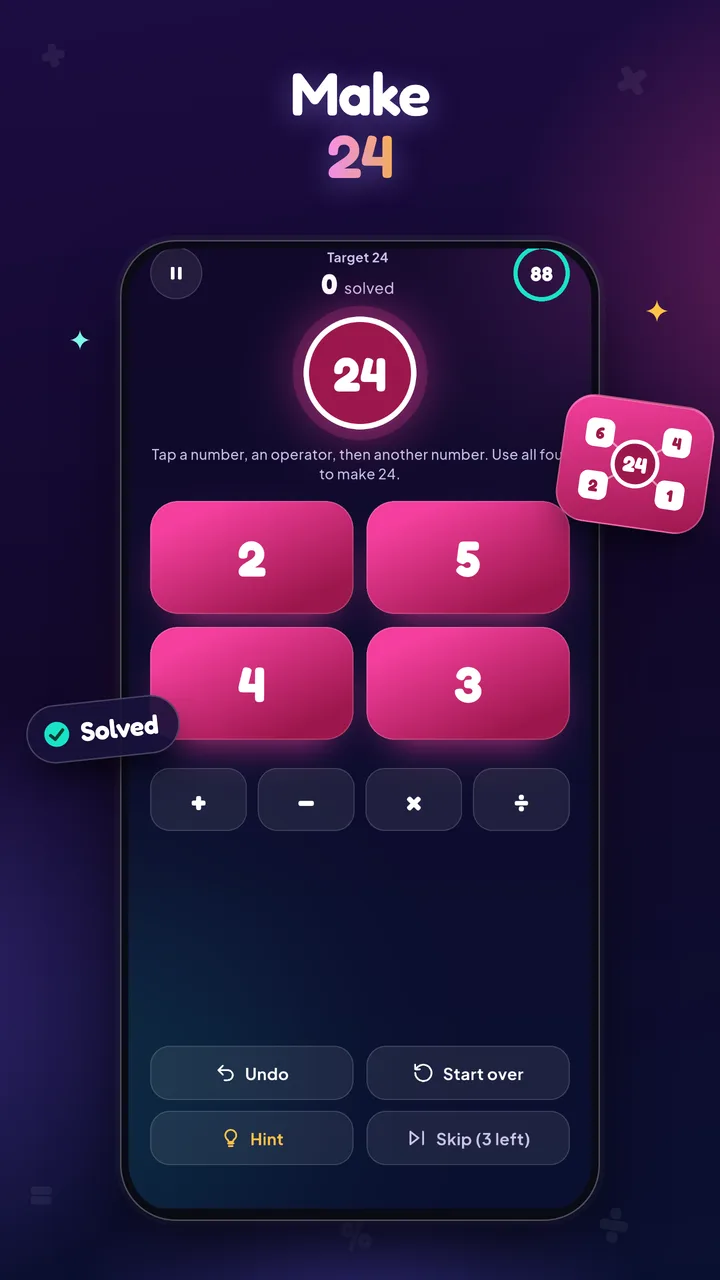 Target 24: four number tiles and operators to make 24