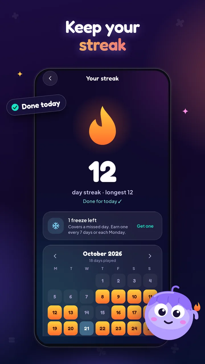 The streak screen: a 12 day streak, a streak freeze and the month calendar
