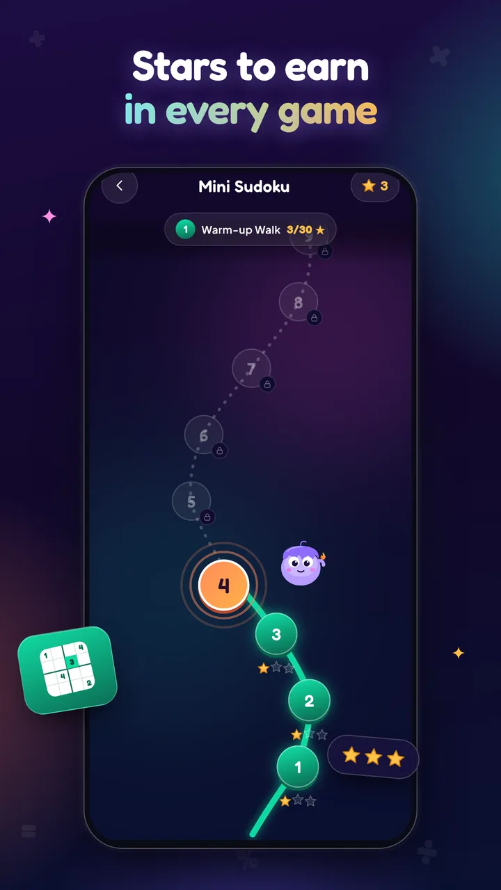 A Mini Sudoku level map with a winding path and stars to earn