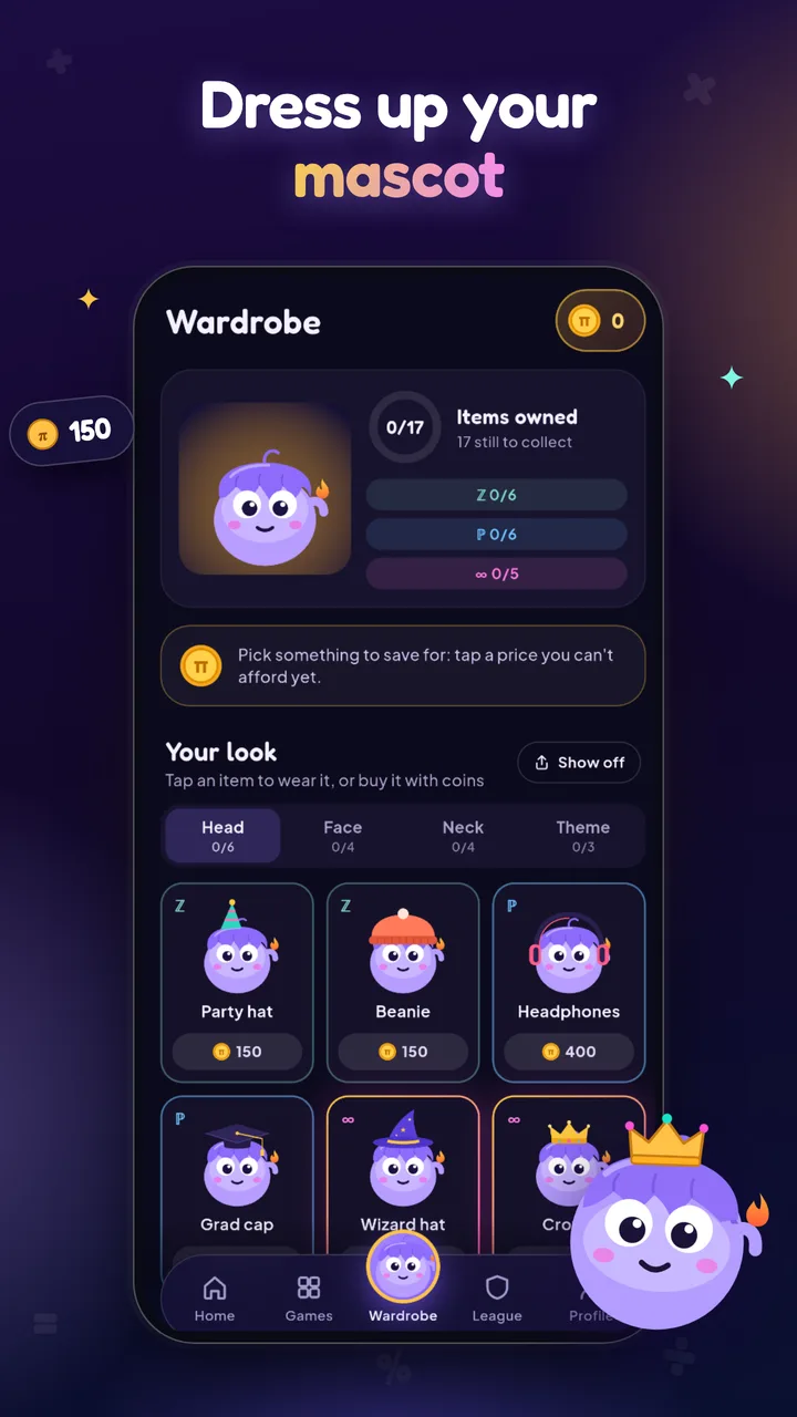 The wardrobe: hats and outfits for the Mathlo mascot