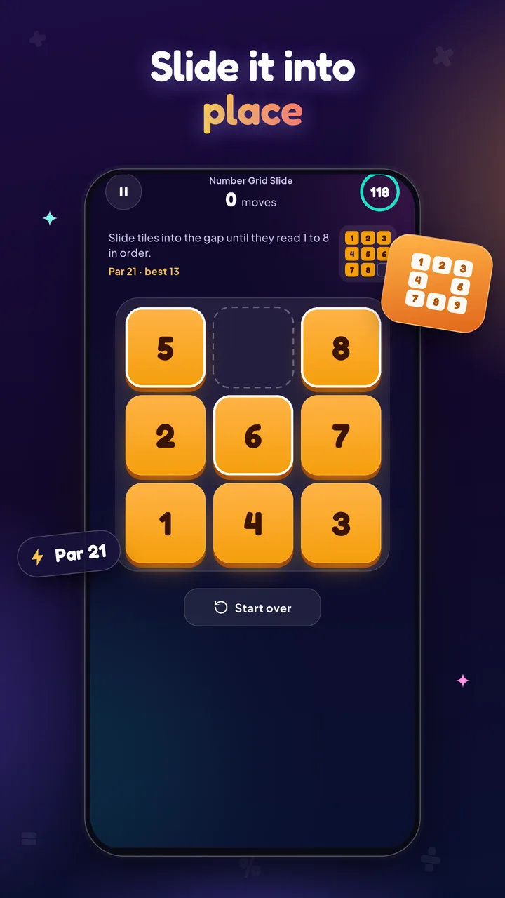 Number Grid Slide: an orange three by three board with a par move count